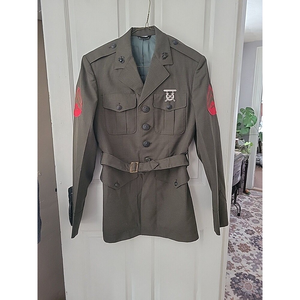 Vtg USMC Marine Corps Service Dress Coat Jacket Mens 37L Green Tropical RifleExp
